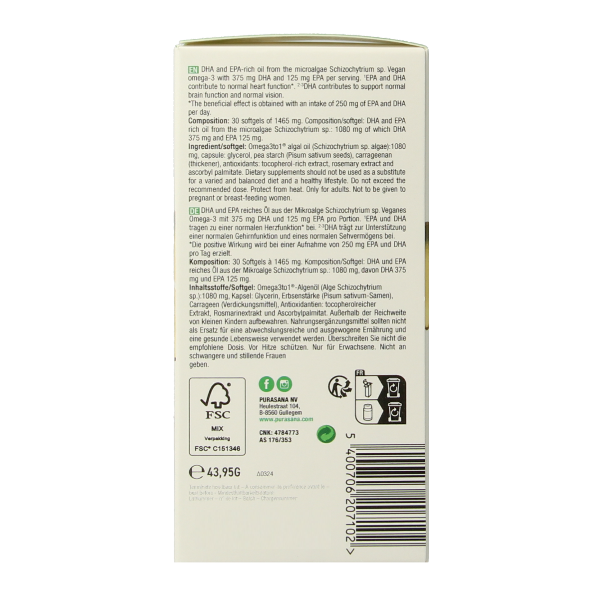 Purasana Vegan Omega-3 Algenolie softgels, plant-based omega-3 fatty acids supplement in a clear bottle.