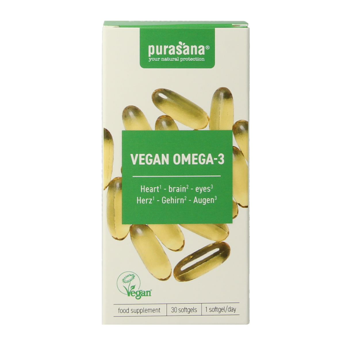 Purasana Vegan Omega-3 Algenolie softgels, plant-based omega-3 dietary supplement in a bottle with 30 softgels.