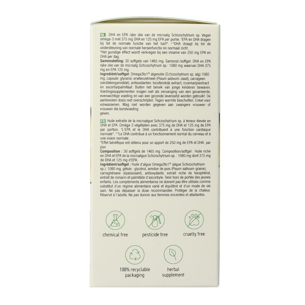 Purasana Vegan Omega-3 Algenolie softgels, plant-based omega-3 supplements in a bottle, with softgel capsules visible.
