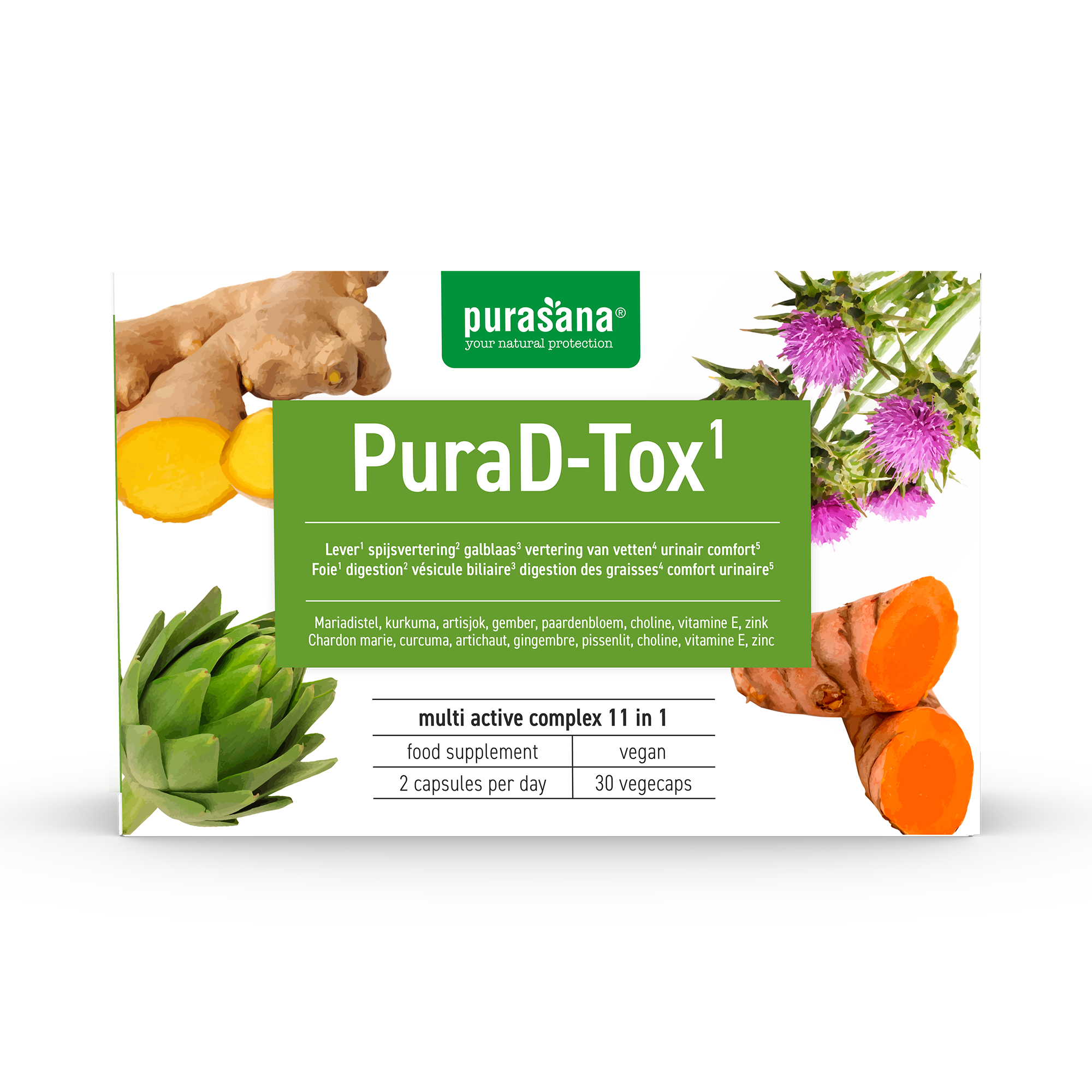 Purasana Purad-tox vegetarian capsules with minerals, dietary supplement in a clear bottle with capsules visible inside.