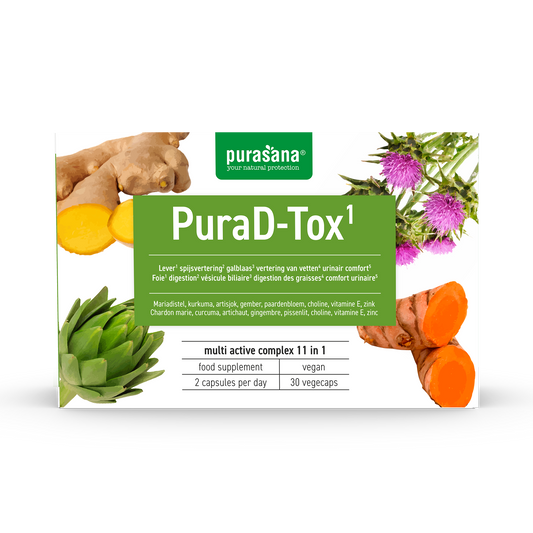Purasana Purad-tox vegetarian capsules with minerals, dietary supplement in a clear bottle with capsules visible inside.