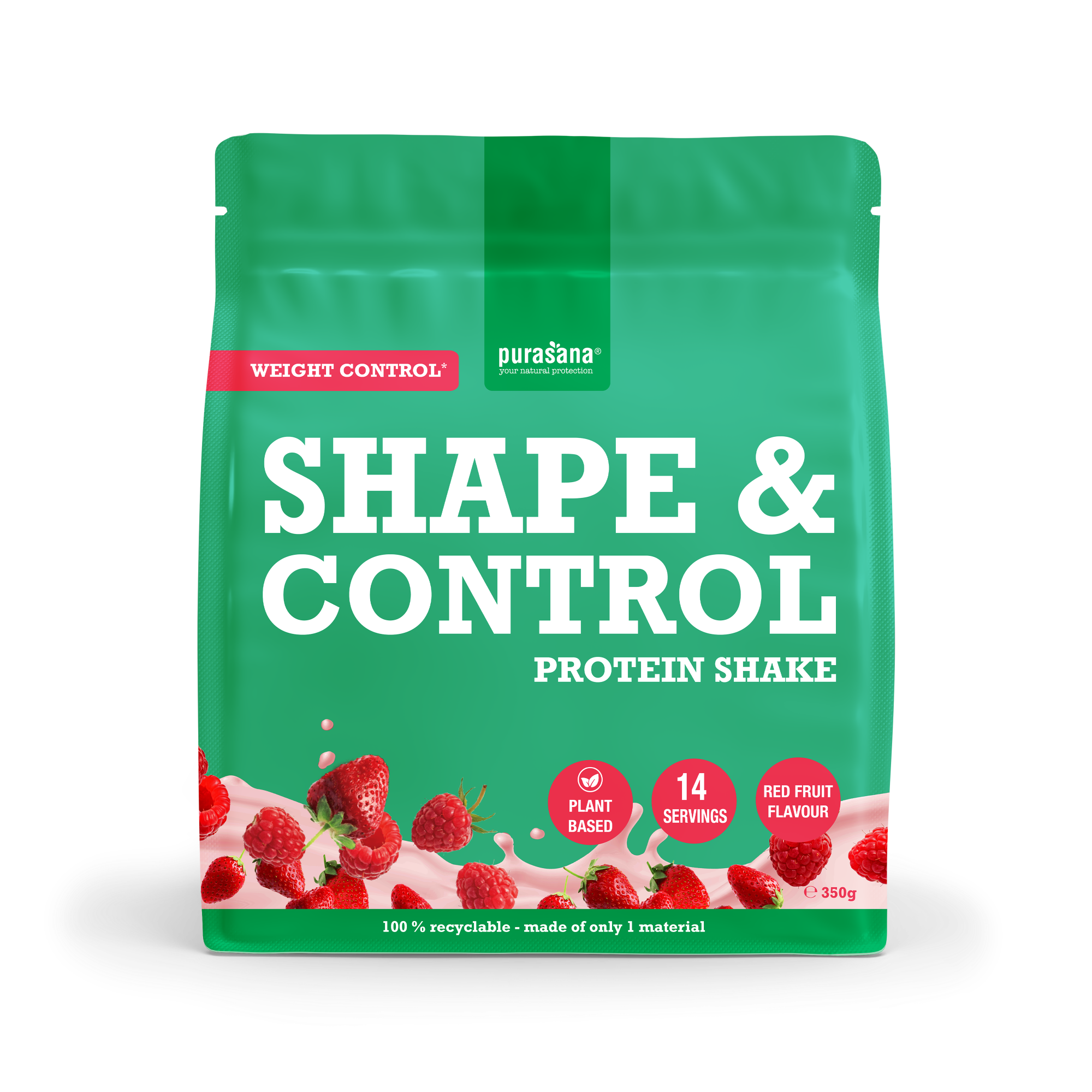 Purasana Shape & Control plant protein with amino acids, 350g, featuring mixed dried fruits in a resealable package.