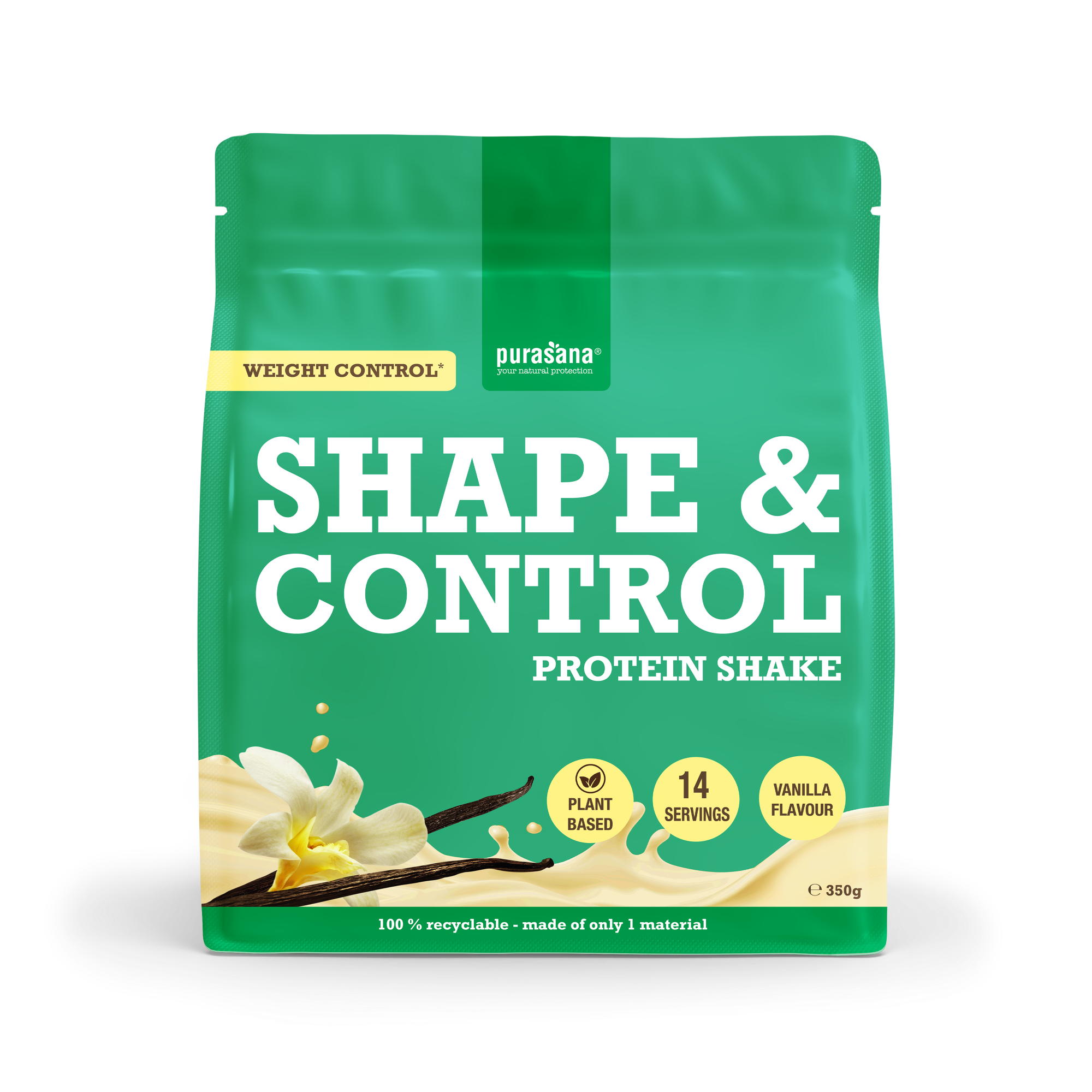 Purasana Shape & Control plant protein vanilla flavor in 350g container, with amino acids and nutritional label visible.