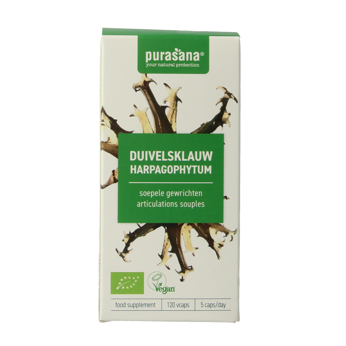Purasana Duivelsklauw vegan organic herbal capsules in a bottle, showing the product packaging and capsules inside.
