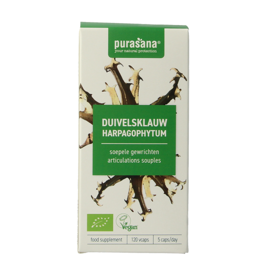 Purasana Duivelsklauw vegan organic herbal capsules in a bottle, showing the product packaging and capsules inside.