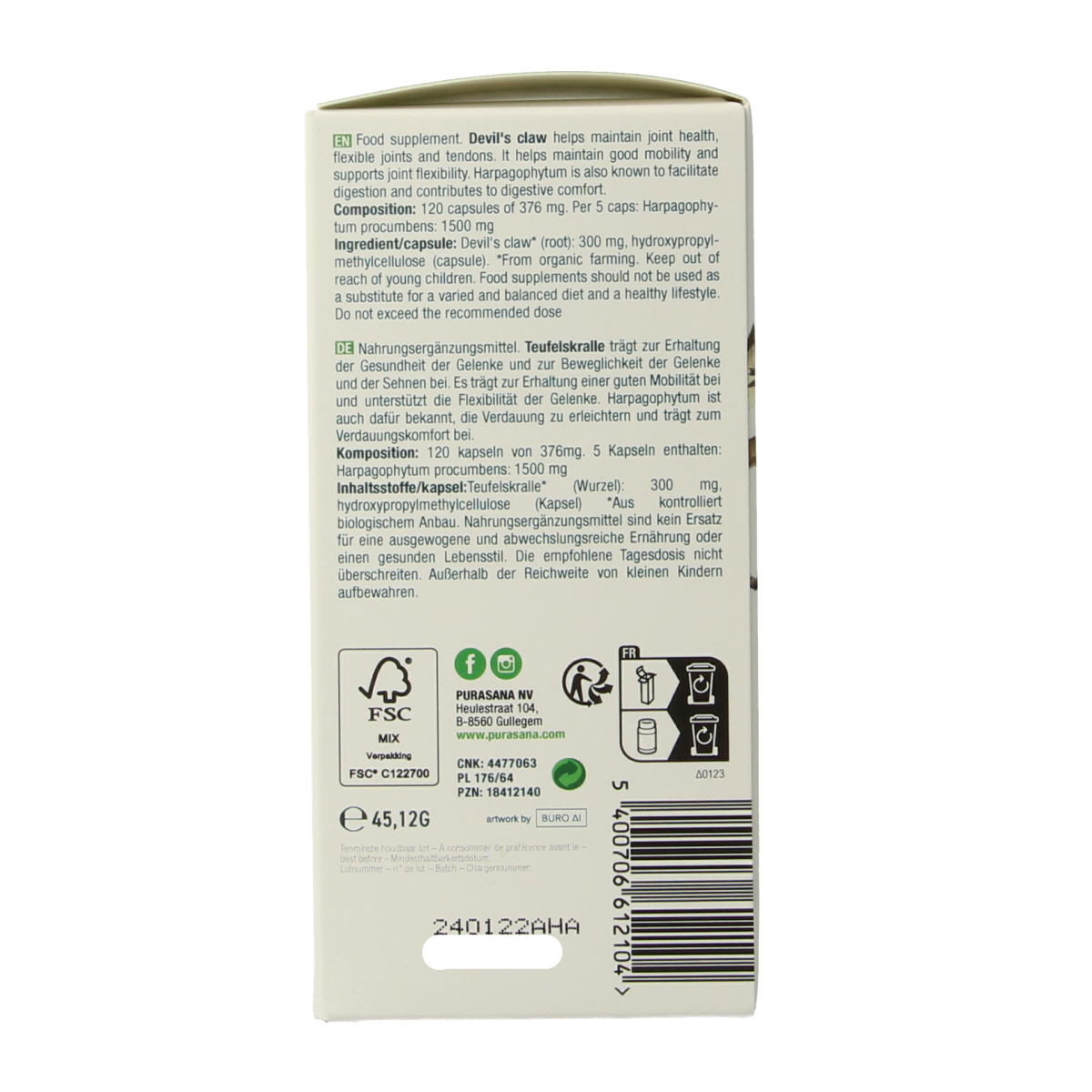 Purasana Duivelsklauw vegan bio herbal capsules in a bottle, showing the product label and capsules inside.
