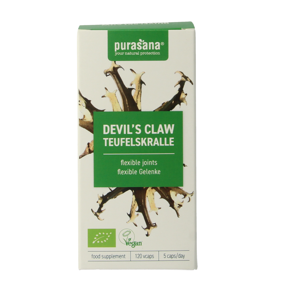 Purasana Duivelsklauw vegan bio herbal capsules in a bottle, dietary supplement for natural health support.