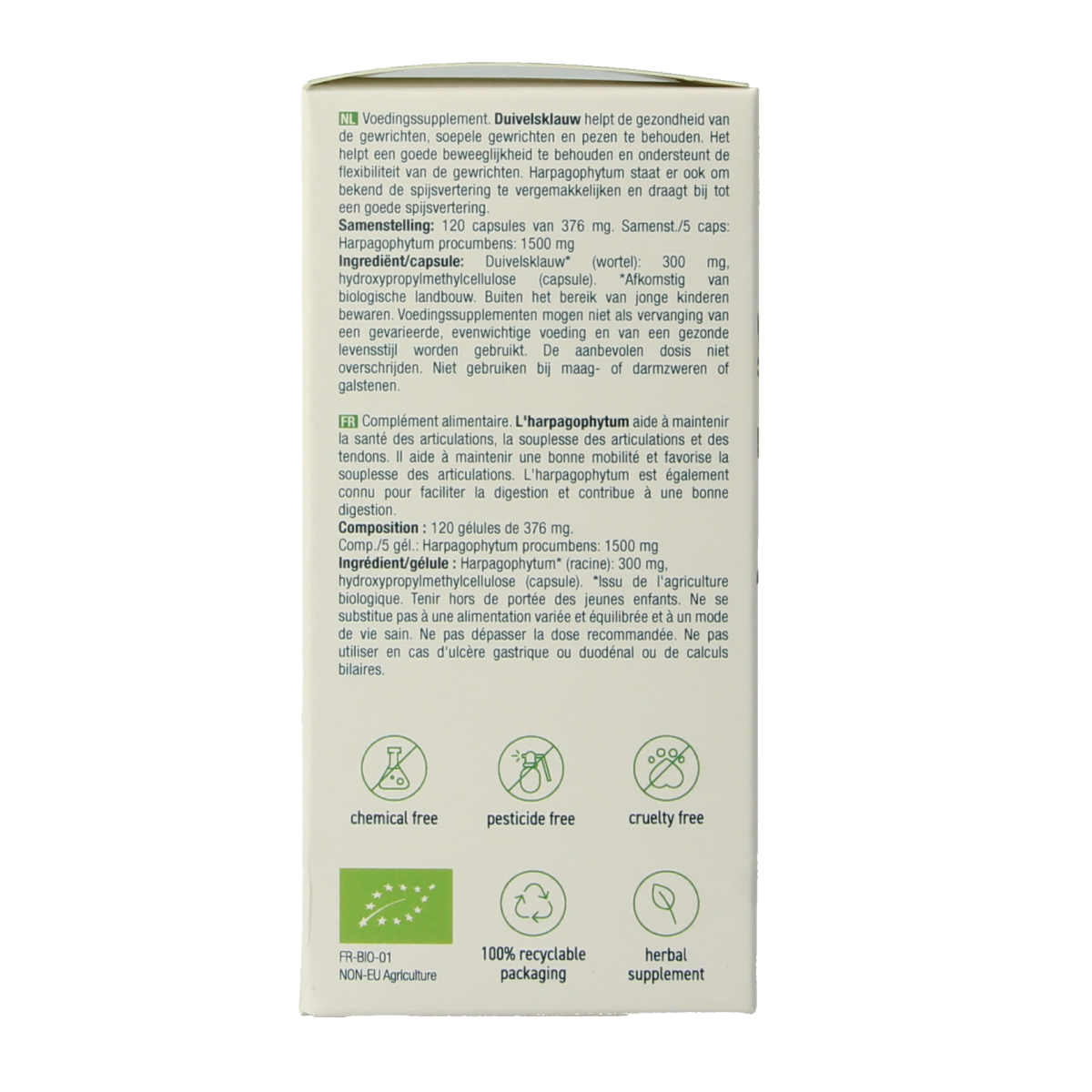 Purasana Duivelsklauw vegan bio herbal capsules in a container, dietary supplement for natural wellness.