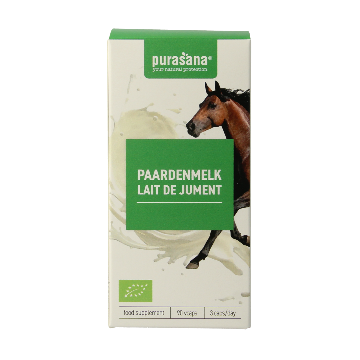 Purasana Paardenmelk bio vegetarian capsules, herbal supplement in a white bottle with capsules visible inside.