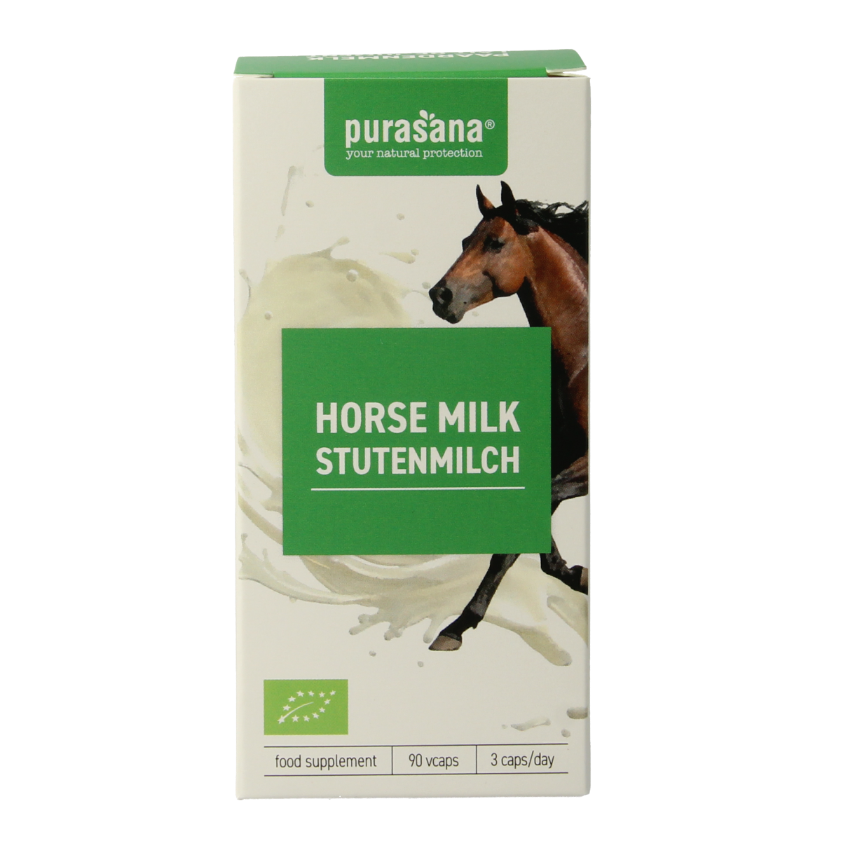 Purasana Paardenmelk bio vegetarian capsules, herbal supplement in a clear container with capsules visible inside.