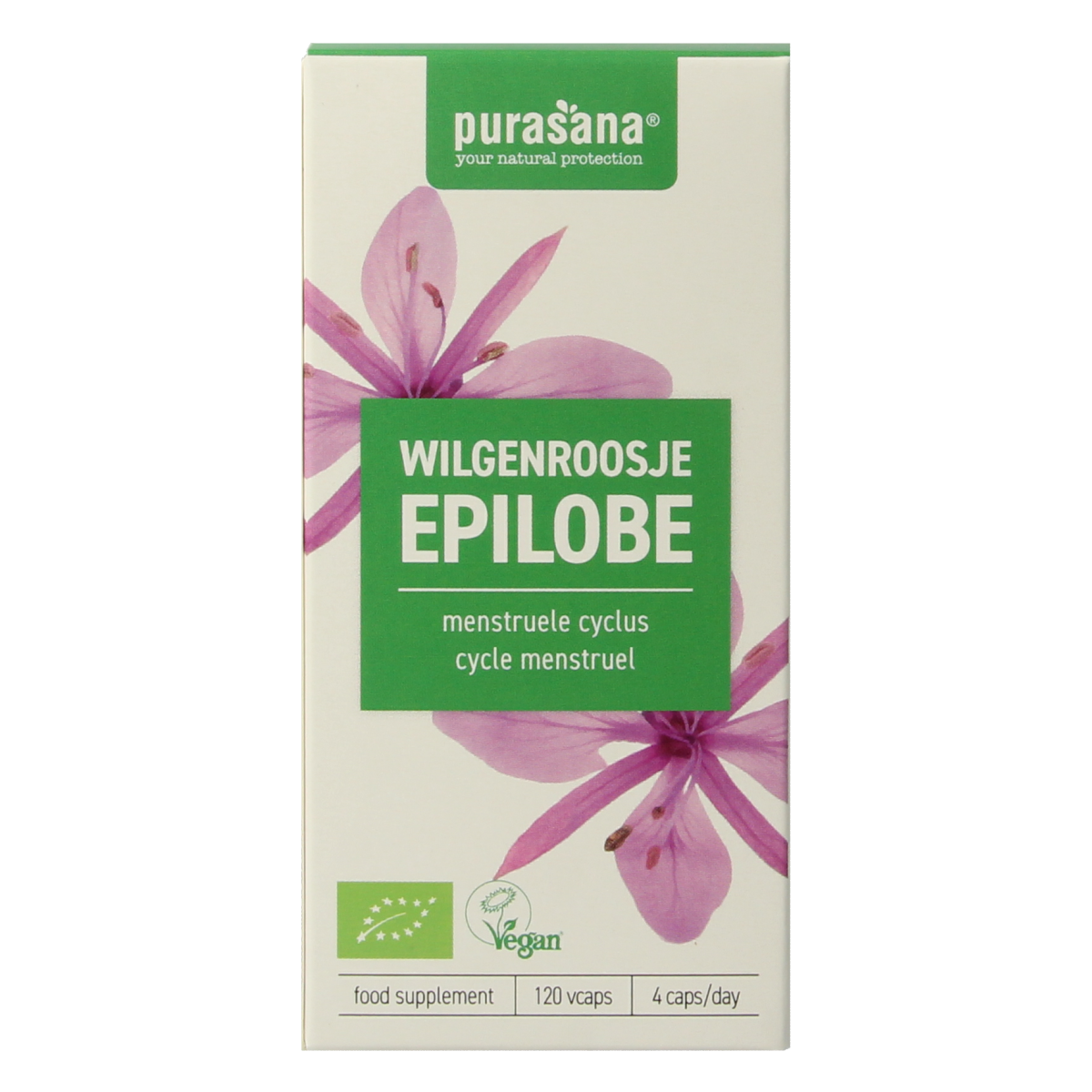 Purasana Wilgenroosje vegan bio herbal capsules in a clear container with label showing product details.