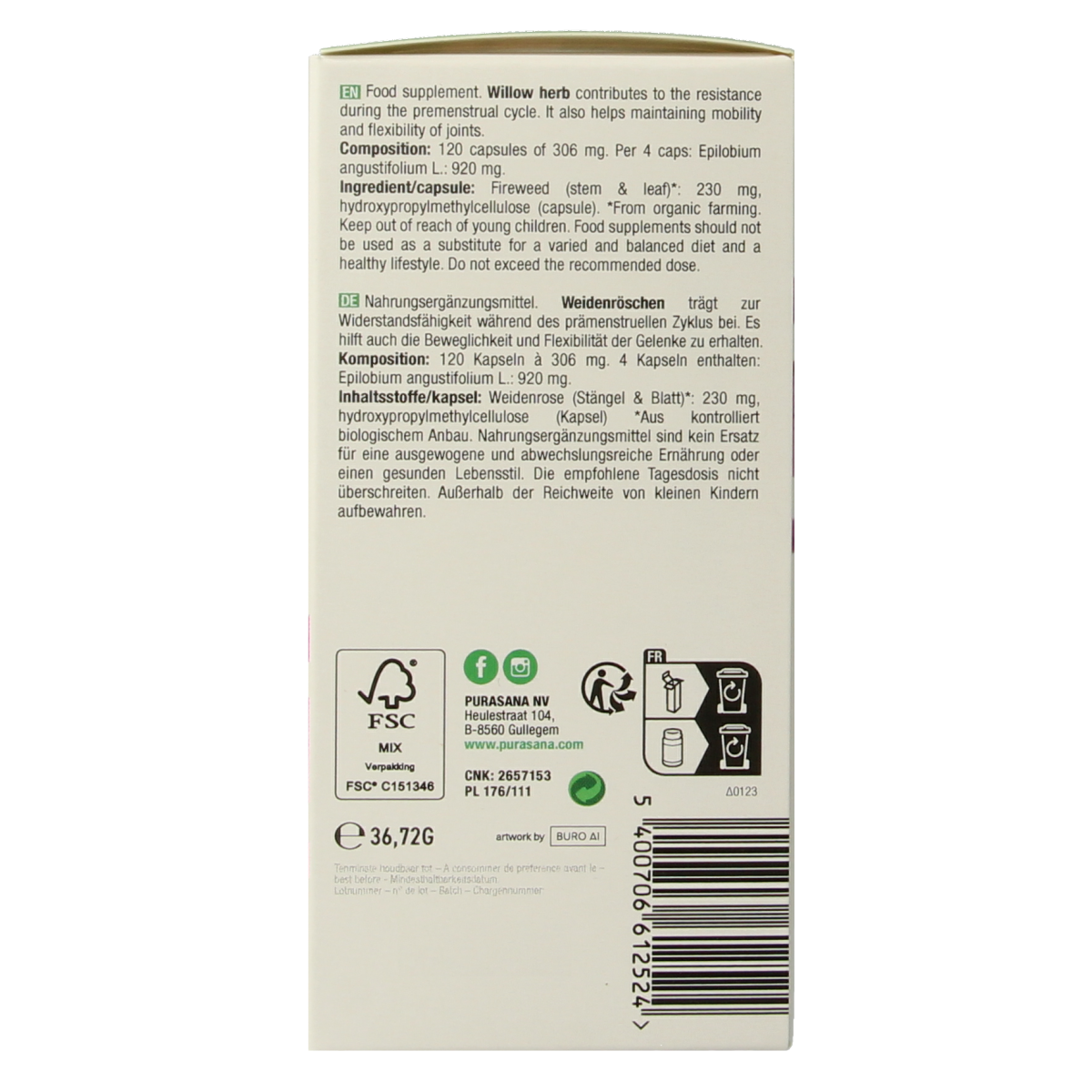 Purasana Wilgenroosje vegan bio capsules in a clear container, showing the vegetarian herbal supplement packaging.