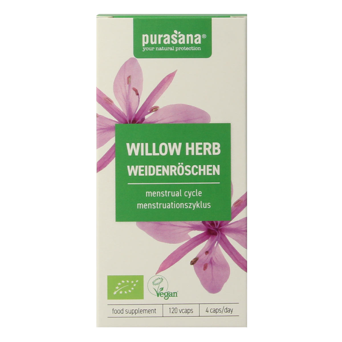 Purasana Wilgenroosje vegan bio herbal capsules in a clear bottle, showing the label and capsules inside.