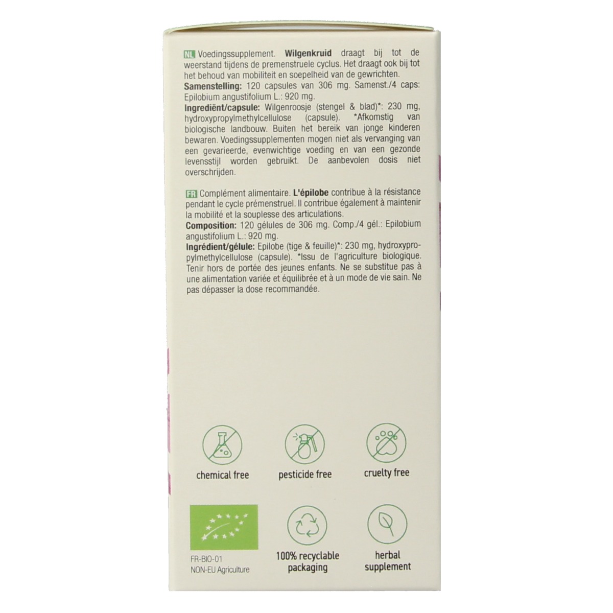 Purasana Wilgenroosje vegan bio herbal supplement in vegetarian capsules, showing the product packaging and capsules.