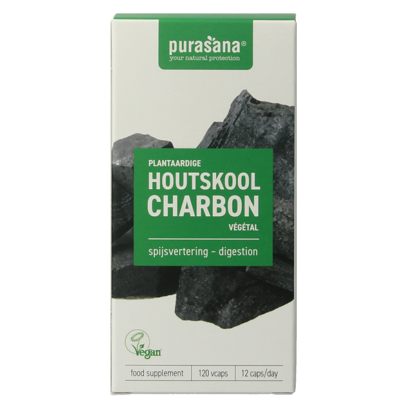 Purasana Plantaardige houtskool vegan capsules, vegetarian herbal supplement in a clear bottle with capsules visible inside.