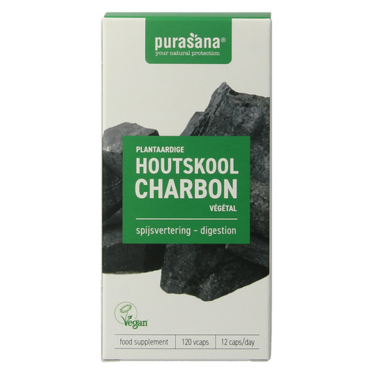 Purasana Plantaardige houtskool vegan capsules, vegetarian herbal supplement in a clear bottle with capsules visible inside.