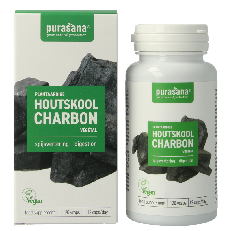 Purasana Plantaardige houtskool vegan capsules, vegetarian herbal supplement in a clear bottle with capsules visible inside.