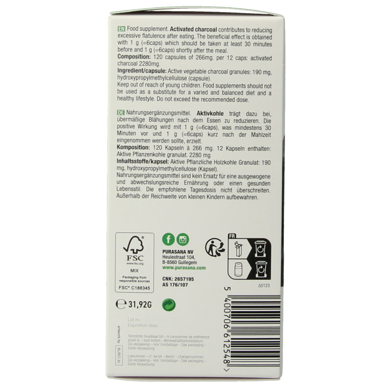 Purasana vegan plant-based charcoal capsules in a bottle, showing the herbal supplement packaging and capsules inside.