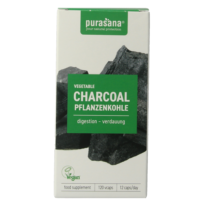 Purasana vegan plant-based charcoal capsules in a bottle, showing the vegetarian herbal supplement packaging.