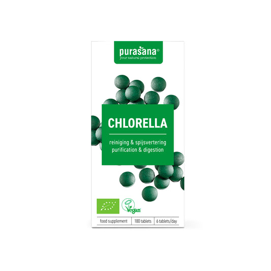 Purasana Chlorella vegan bio supplement in tablet form, packaged in a container with green and white labeling.