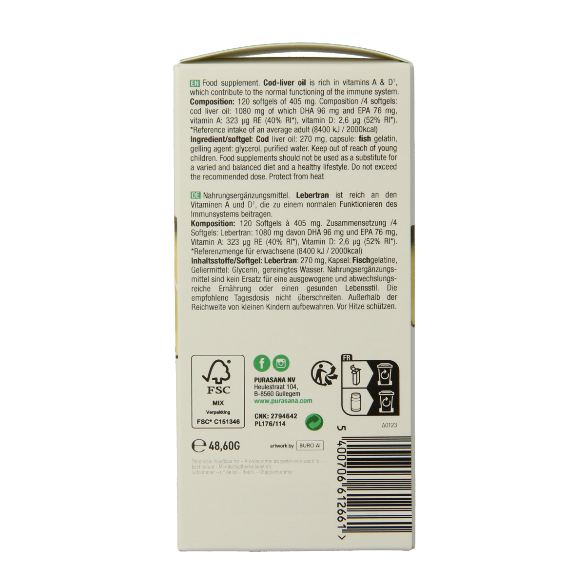 Purasana Levertraan softgels, omega fatty acids supplement in clear bottle with label, designed for health and wellness.