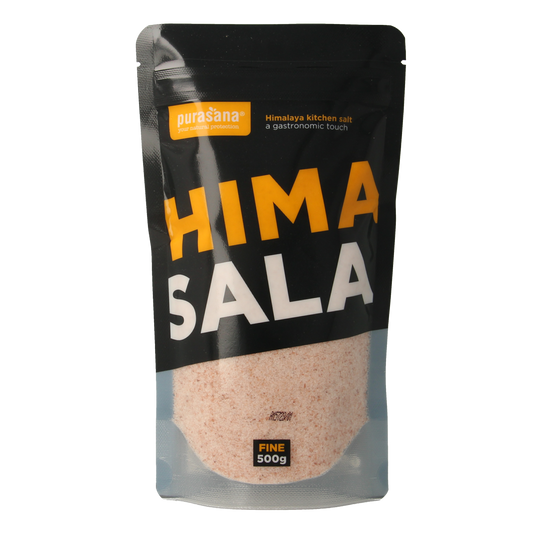 Purasana Himasala fijn keukenzout refill 500g, a natural spice and salt blend for cooking and seasoning.