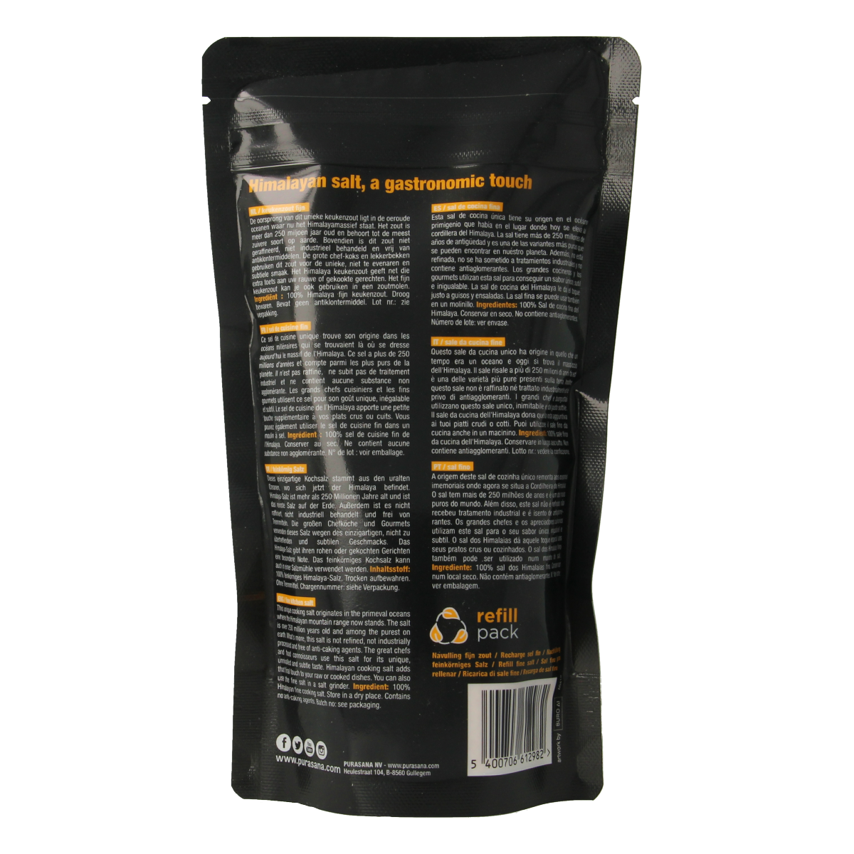 Purasana Himasala keukenzout fijn refill 500g, a fine Himalayan salt package with herbal spices for cooking.