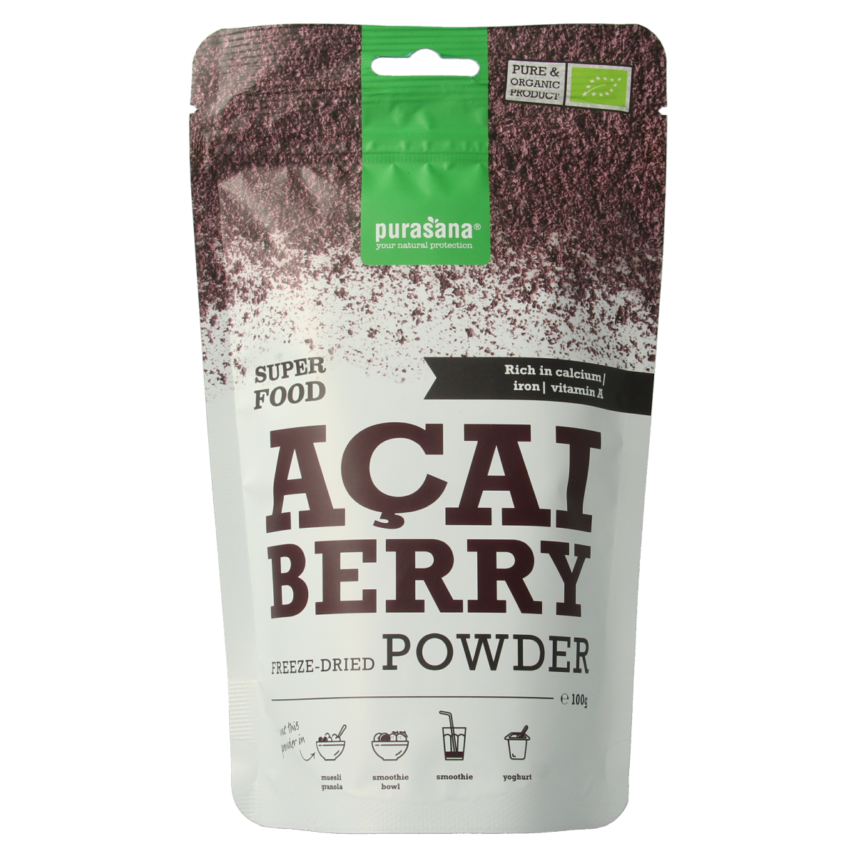 Purasana vegan bio acai berry powder in a 100g container, natural superfood supplement for smoothies and health.