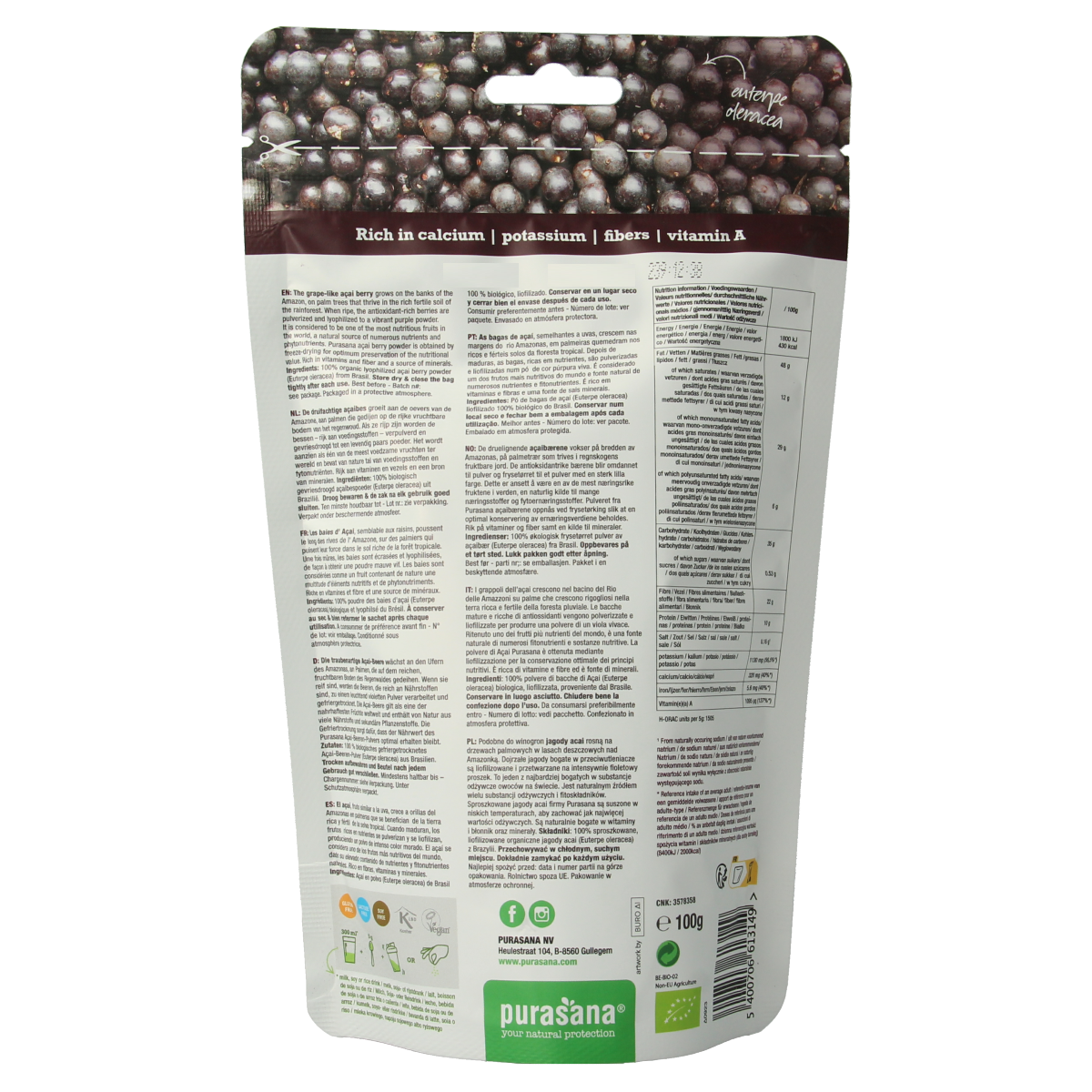Purasana vegan organic acai berry powder in a 100g package, displayed in a clear container with acai berries and powder visible.