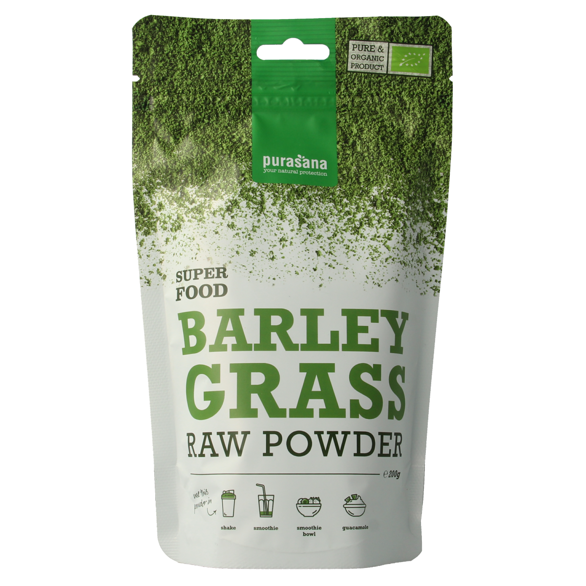 Purasana Gerstegras powder organic vegan superfood in a 200g package, showing green barley grass powder in a container.