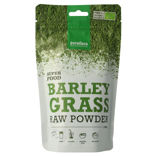 Purasana Gerstegras powder organic vegan superfood in a 200g package, showing green barley grass powder in a container.