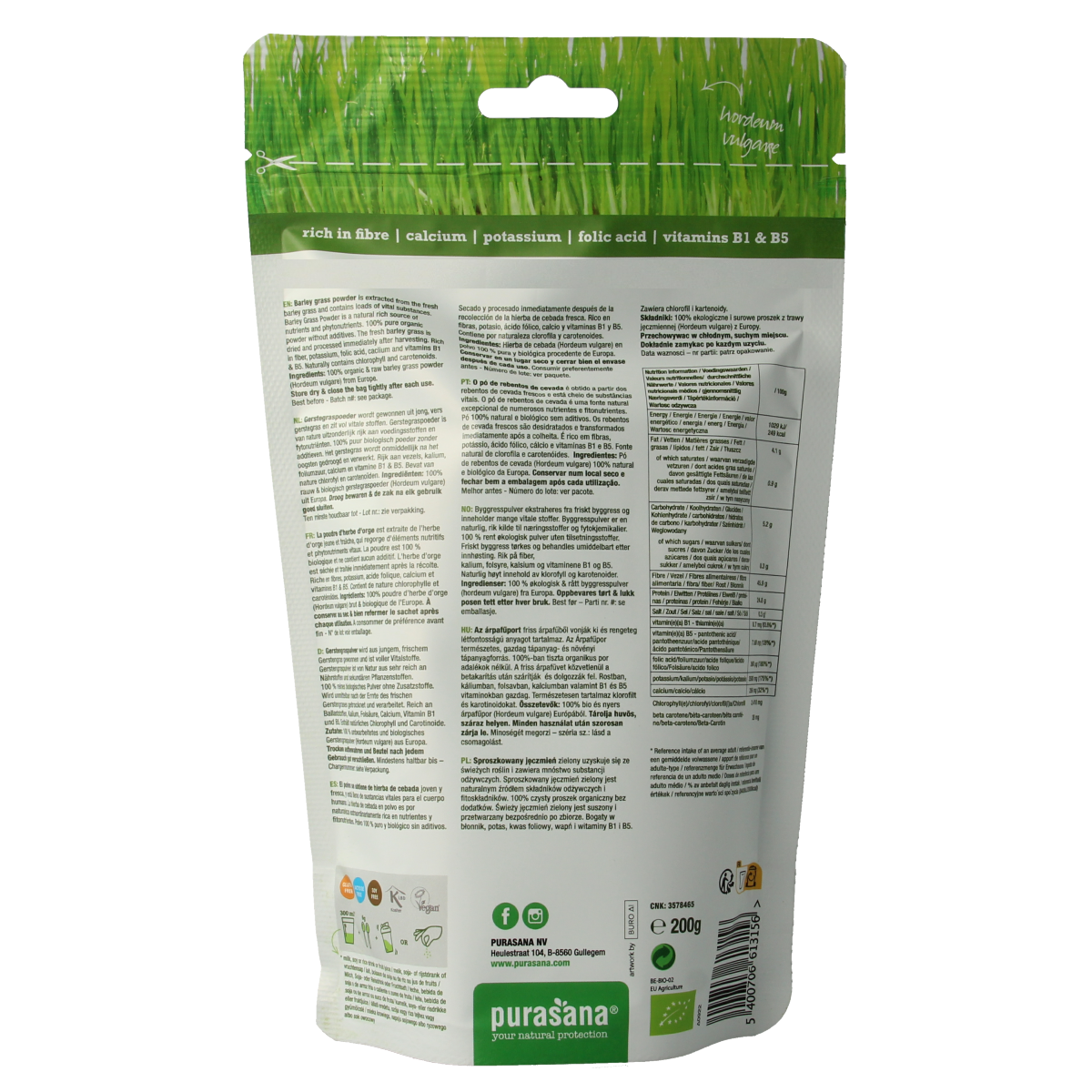 Purasana Gerstegras poeder vegan bio in a 200g package, raw superfood powder with bright green powder in a container.