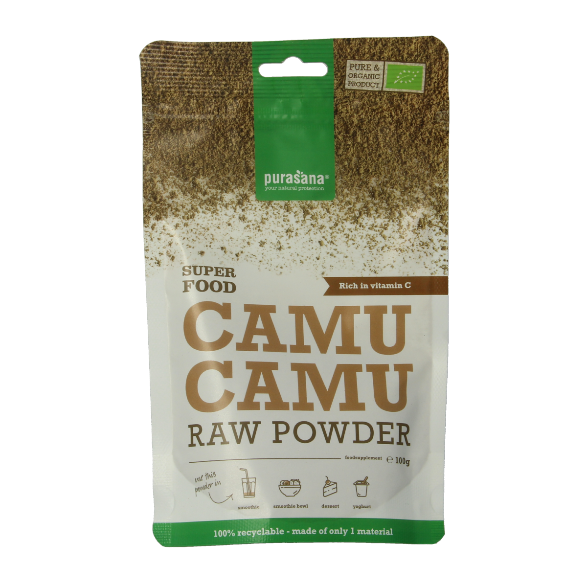 Purasana Camu Camu vegan bio powder in 100g package, natural herbal supplement with bright orange powder.