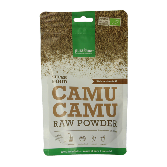 Purasana Camu Camu vegan bio powder in 100g package, natural herbal supplement with bright orange powder.