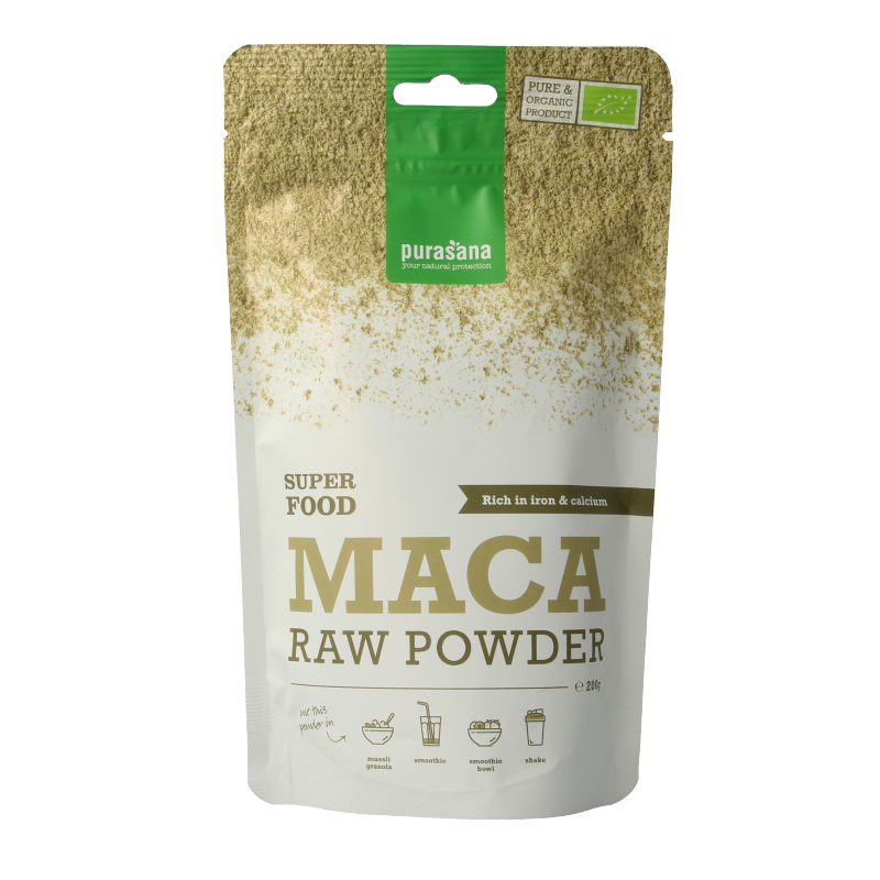 Purasana vegan organic maca powder in a 200g package, raw superfood with a smooth, golden-brown powder appearance.