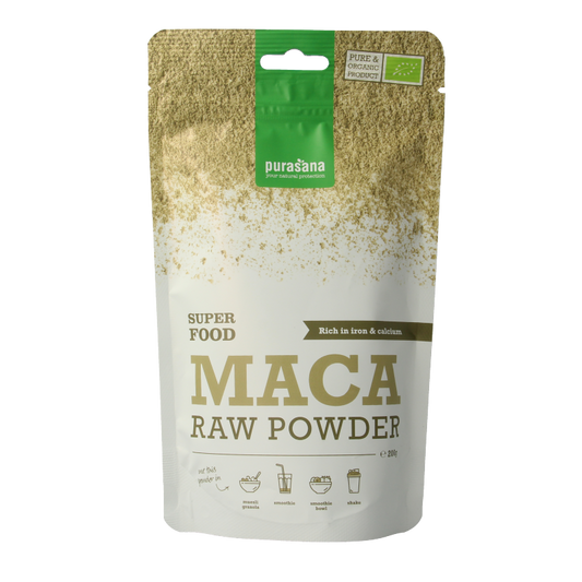Purasana vegan organic maca powder in a 200g package, raw superfood with a smooth, golden-brown powder appearance.