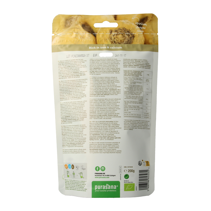 Purasana vegan organic maca powder in a 200g package, raw superfood with bright yellow powder in a clear container.