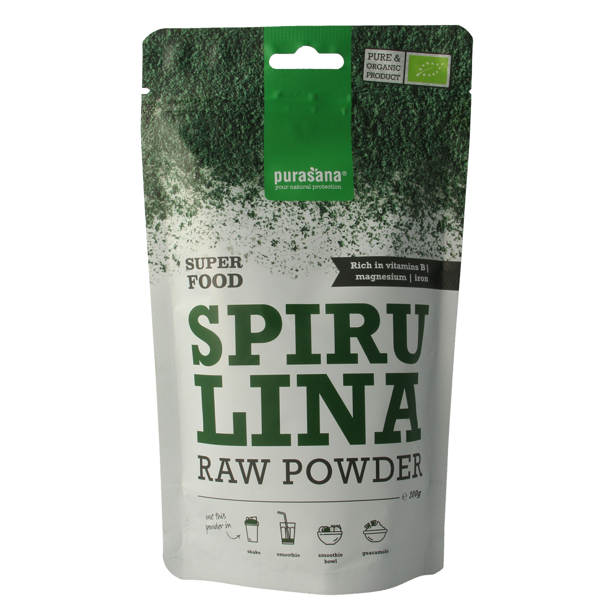 Purasana organic vegan spirulina powder in 200g jar, raw superfood with vibrant green powder inside.