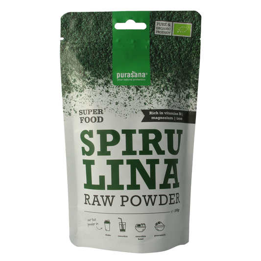 Purasana organic vegan spirulina powder in 200g jar, raw superfood with vibrant green powder inside.