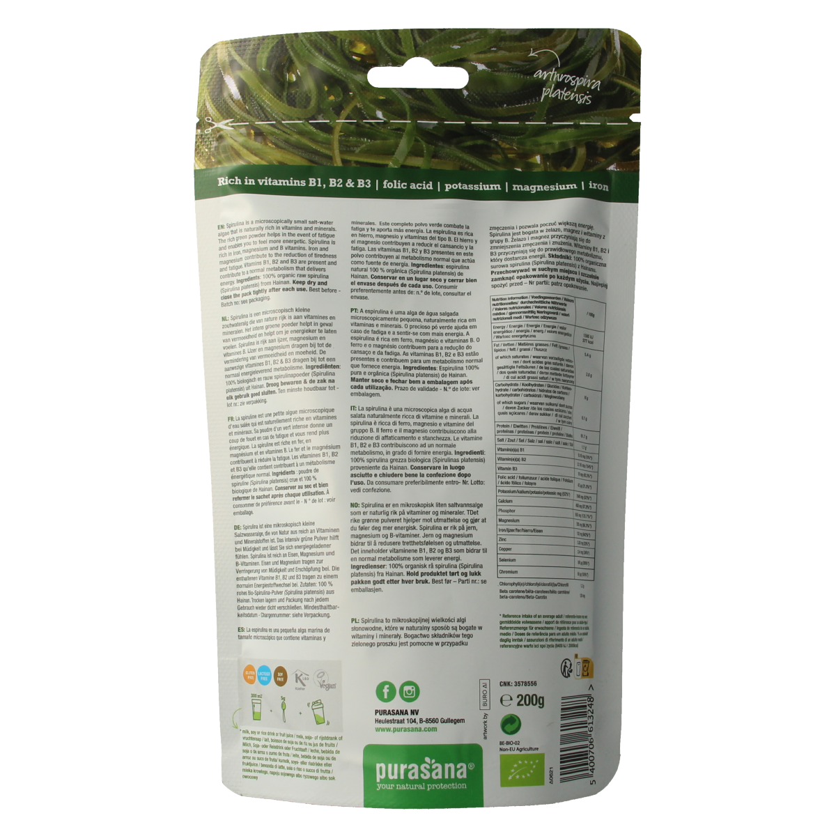 Purasana vegan organic spirulina powder in 200g package, raw superfood with vibrant green spirulina flakes in a clear container.