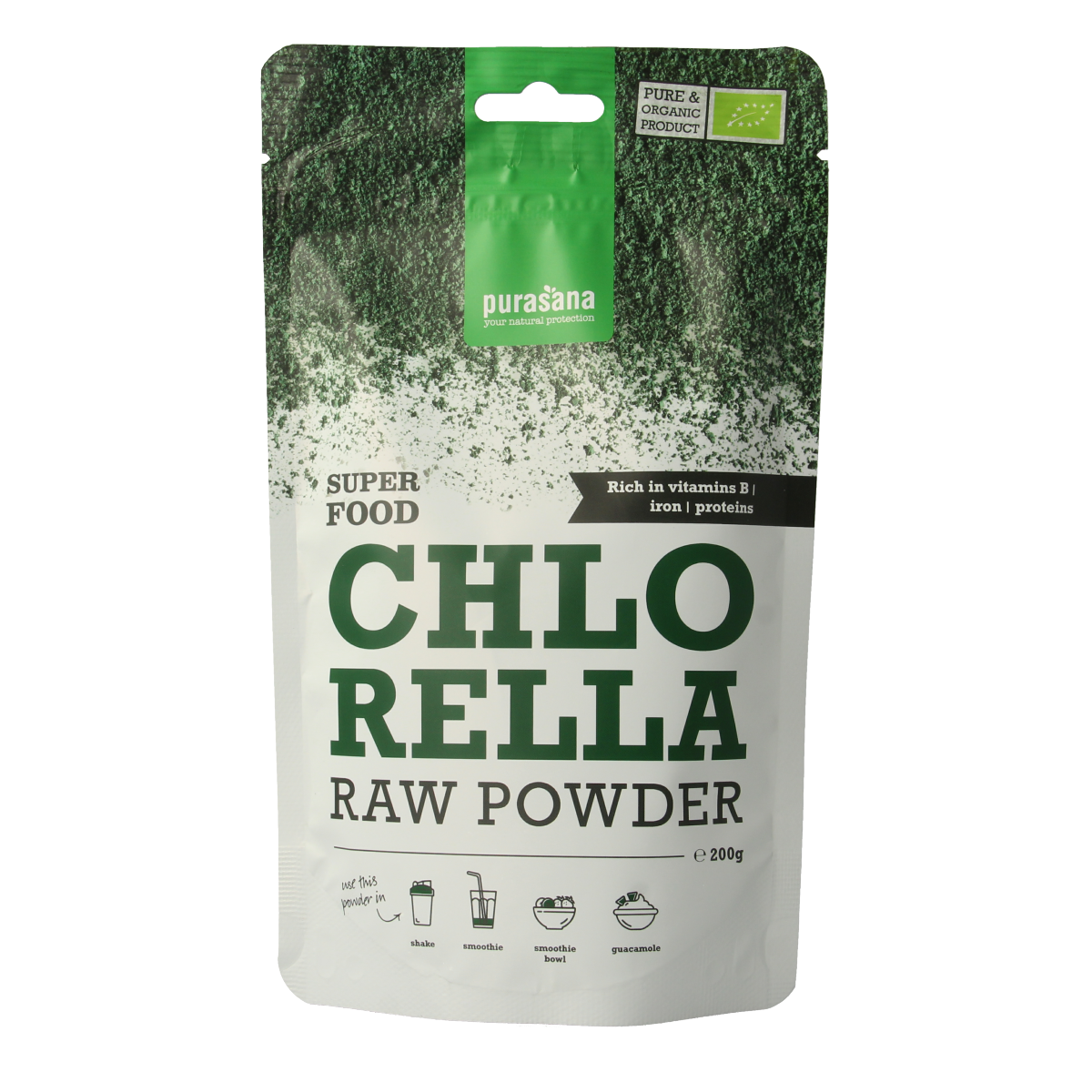 Purasana vegan bio chlorella powder in a 200g package, raw superfood supplement with vibrant green algae flakes.