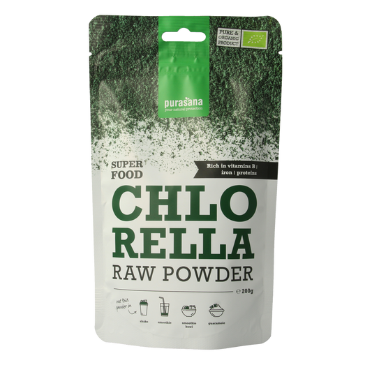 Purasana vegan bio chlorella powder in a 200g package, raw superfood supplement with vibrant green algae flakes.