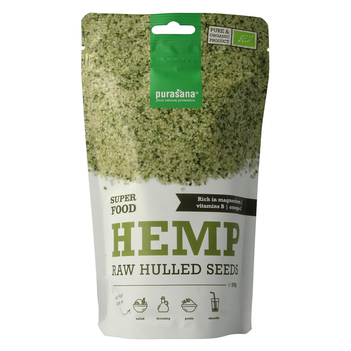 Raw hulled hemp seeds by Purasana, organic superfood in a clear container, 200 grams, showcasing the light green, shelled seeds.