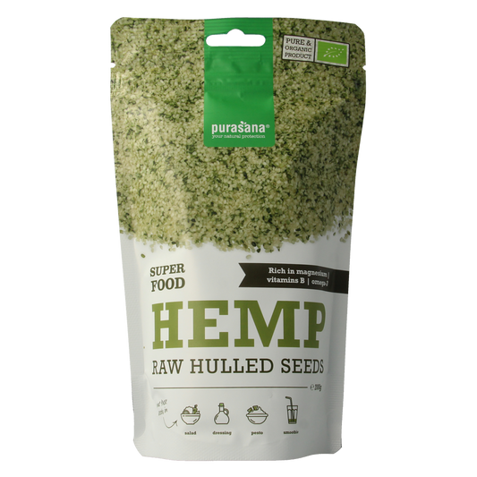 Raw hulled hemp seeds by Purasana, organic superfood in a clear container, 200 grams, showcasing the light green, shelled seeds.
