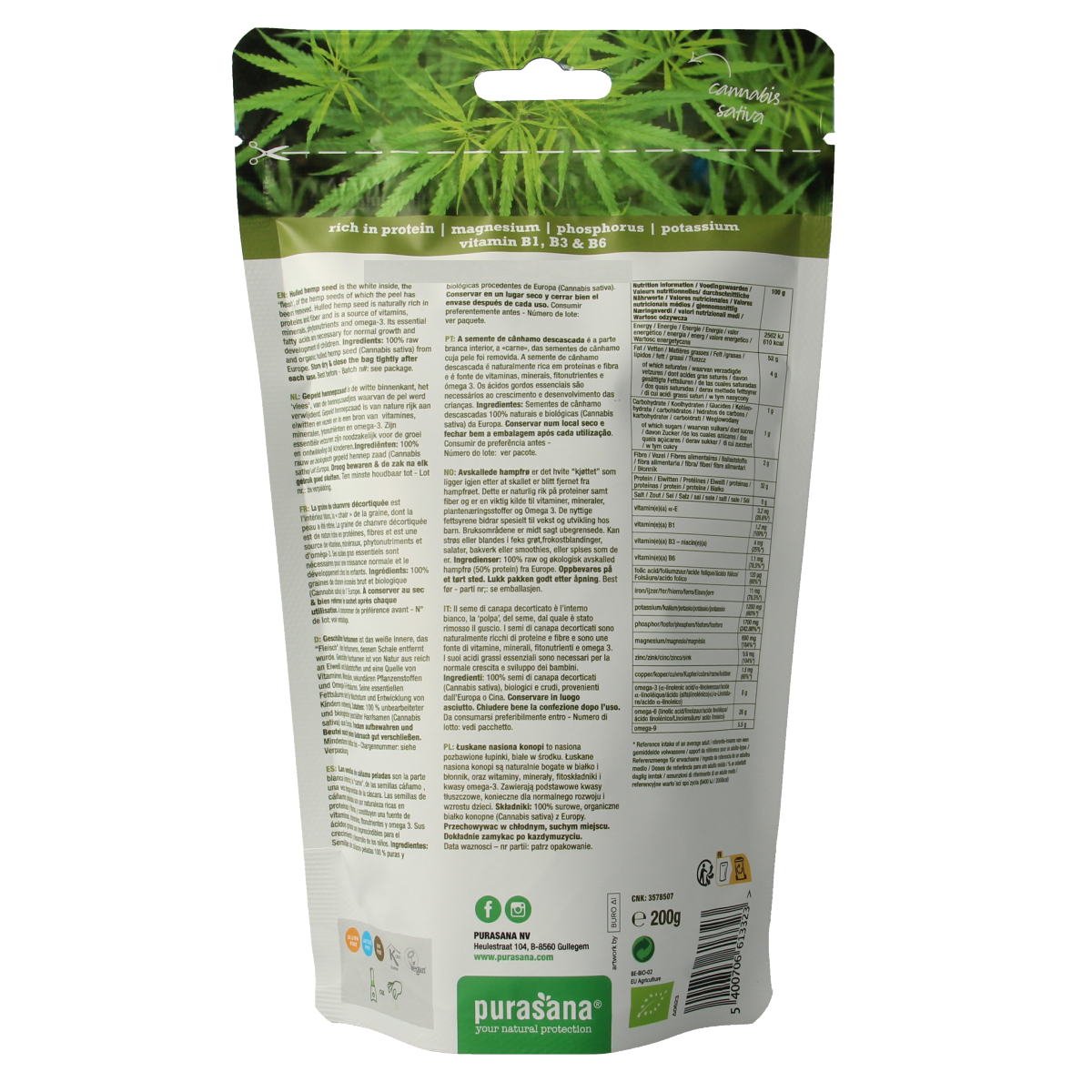 Raw hulled hemp seeds in a Purasana bio superfoods package, displayed in a clear, resealable 200g bag.