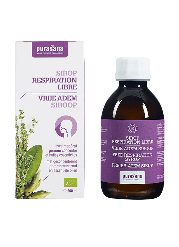 Purasana Puragem vrije adem siroop bio, 200ml, herbal supplement bottle with label and cap, used for respiratory support