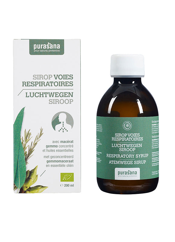 Purasana Puragem biologische luchtwegen siroop in 200ml bottle, herbal remedy for respiratory support.