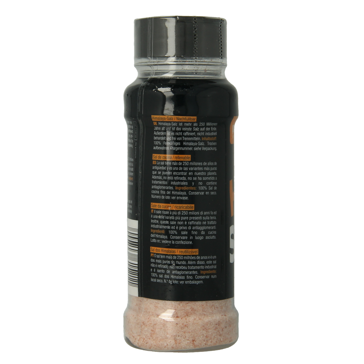 Purasana Himasala keukenzout fijn strooibus 200g, kruiden en zout mix, fine Himalayan salt in a transparent shaker.