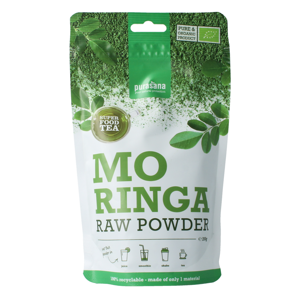 Purasana Moringa powder vegan bio in a 200g package, highlighting fresh green moringa leaves and powder texture.