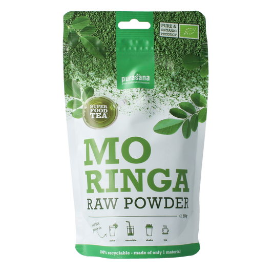 Purasana Moringa powder vegan bio in a 200g package, highlighting fresh green moringa leaves and powder texture.